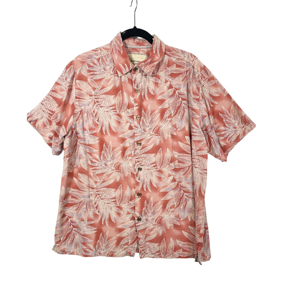 Island Republic Silk Hawaiian Shirt‎ Mens XL Coral Pink Tropical Leaf Print